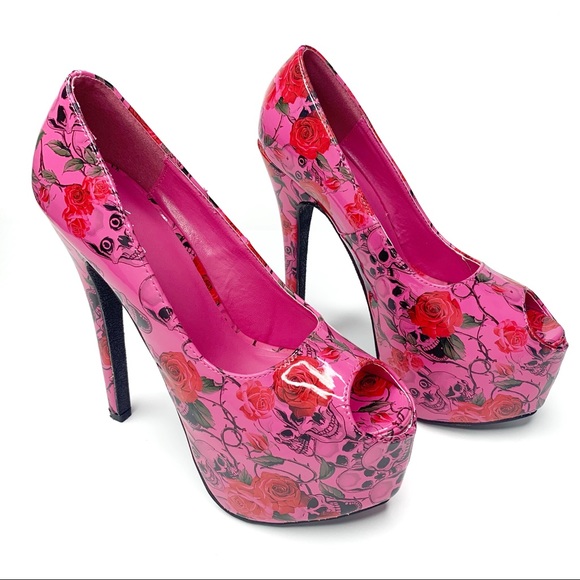 Ami Clubwear Shoes - Ami Clubwear Skull & Roses Hot Pink Platform Heels